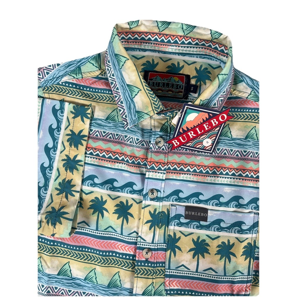 Burlebo Button Up S/S Shirt Men's Sm Hawaiian Tropical Palm Tree Wave Resort NWT